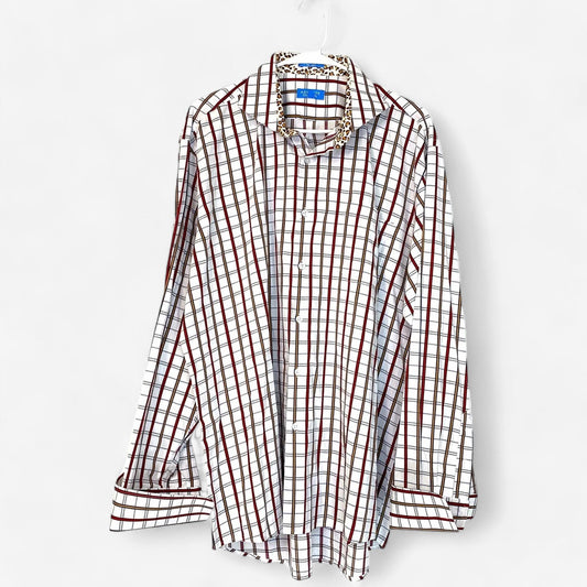 Asante Couture Mens Size 17½ 34/35 White Box Plaid Button-Up Dress Shirt L/s