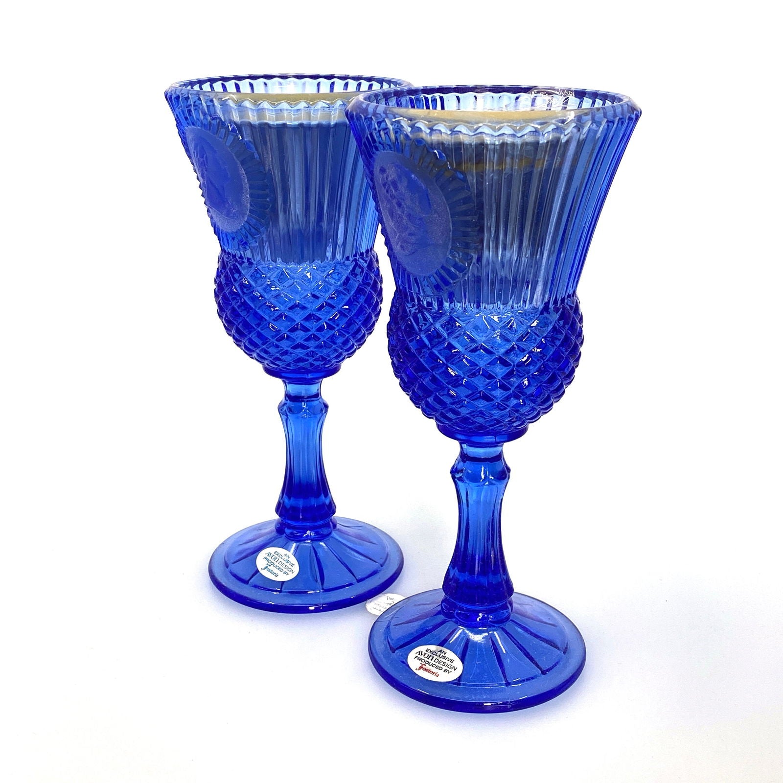 Avon by Fostoria Glass Candle Holder Cobalt Blue MARTHA & GEORGE WASHINGTON 1976, Set of 2 -  | Buy at Parsimony Shoppes