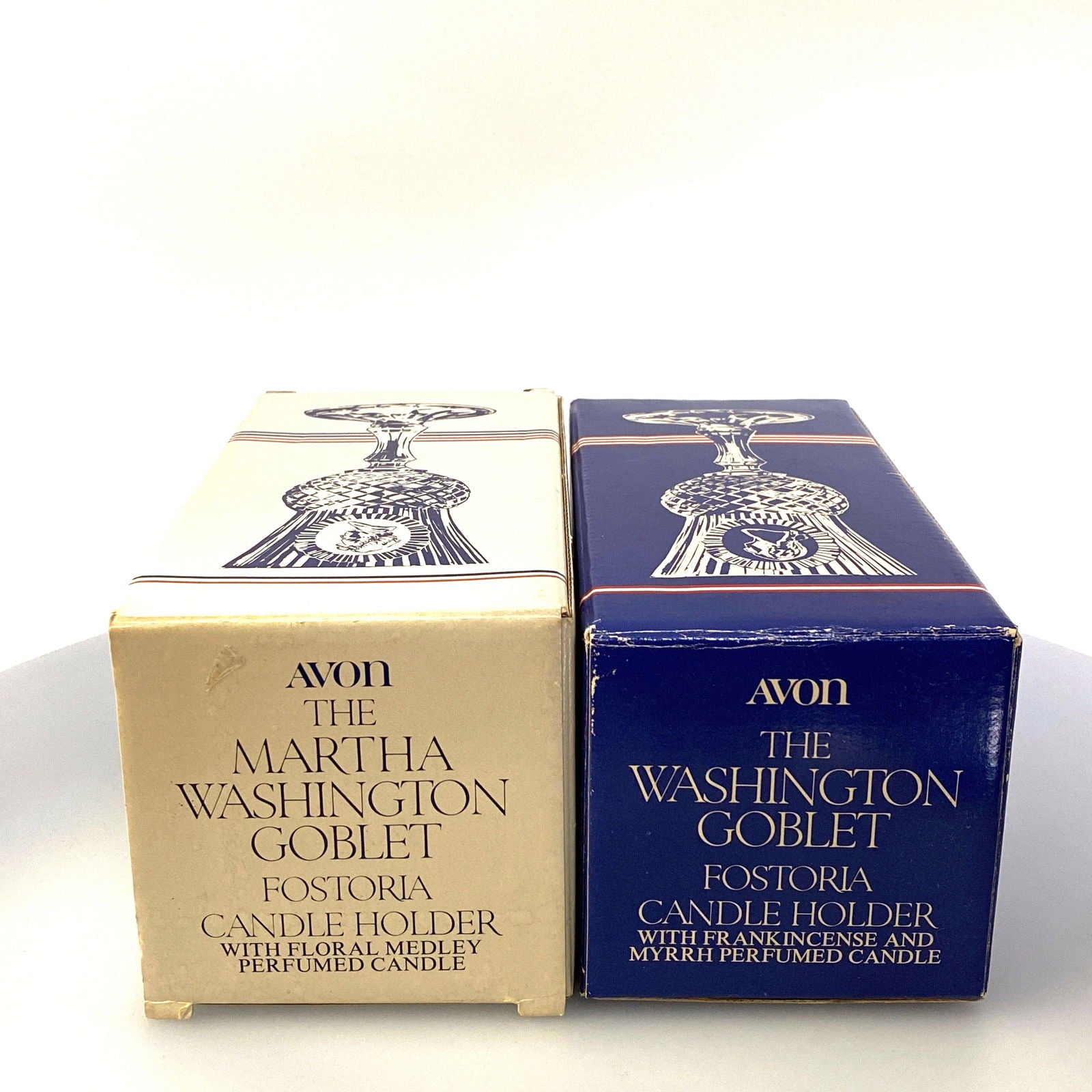 Avon by Fostoria Glass Candle Holder Cobalt Blue MARTHA & GEORGE WASHINGTON 1976, Set of 2 -  | Buy at Parsimony Shoppes