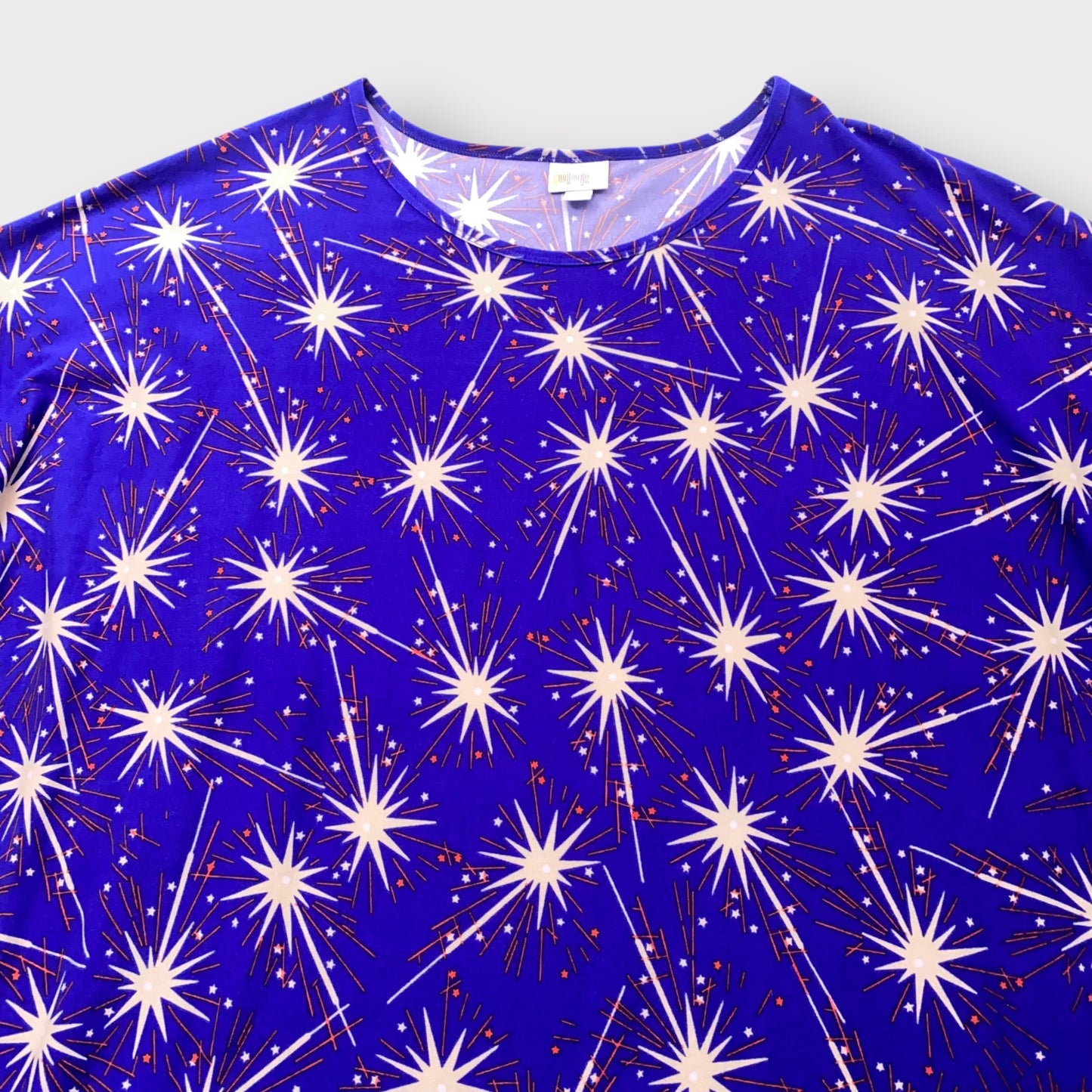 LuLaRoe Irma Tunic Top - Royal Blue with Fireworks & Stars Print - 2XL (20-22) - Soft Stretch Polyester Spandex - High-Low Hem