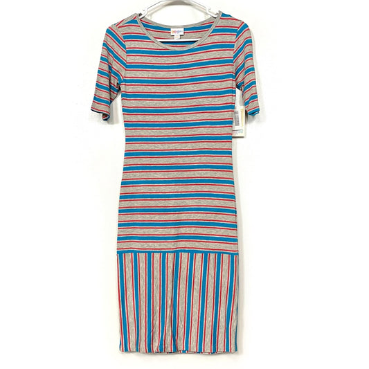 LuLaRoe Womens XXS Gray/Red/Blue Striped Julia Shift Dress Scoop Neck ½ Sleeves NWT