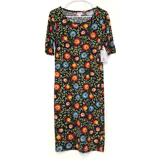 LuLaRoe Julia Bodycon Dress | M (8-10) | Blue/Orange/Gray | Floral | NWT