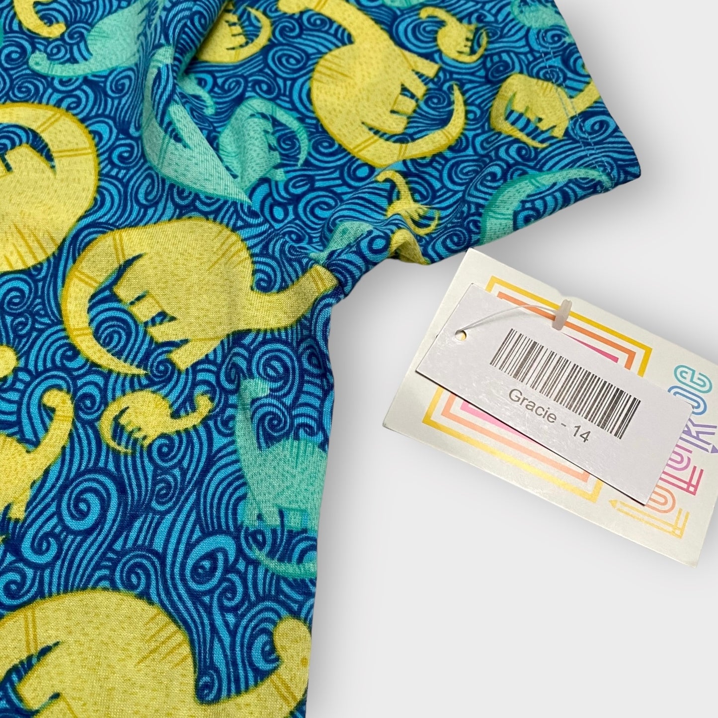 Lularoe Gracie Top | 14 (14-16) | Blue/Yellow Dinosaurs | NWT