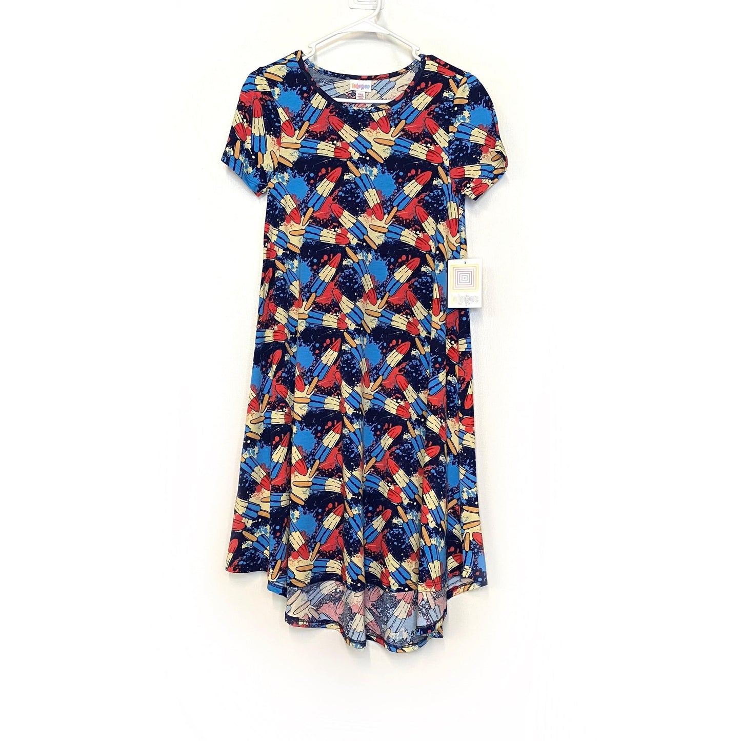 LuLaRoe Womens XXS Red/White/Blue 'Bomb Pop' Popsicles 'Carly' S/s Swing Dress NWT