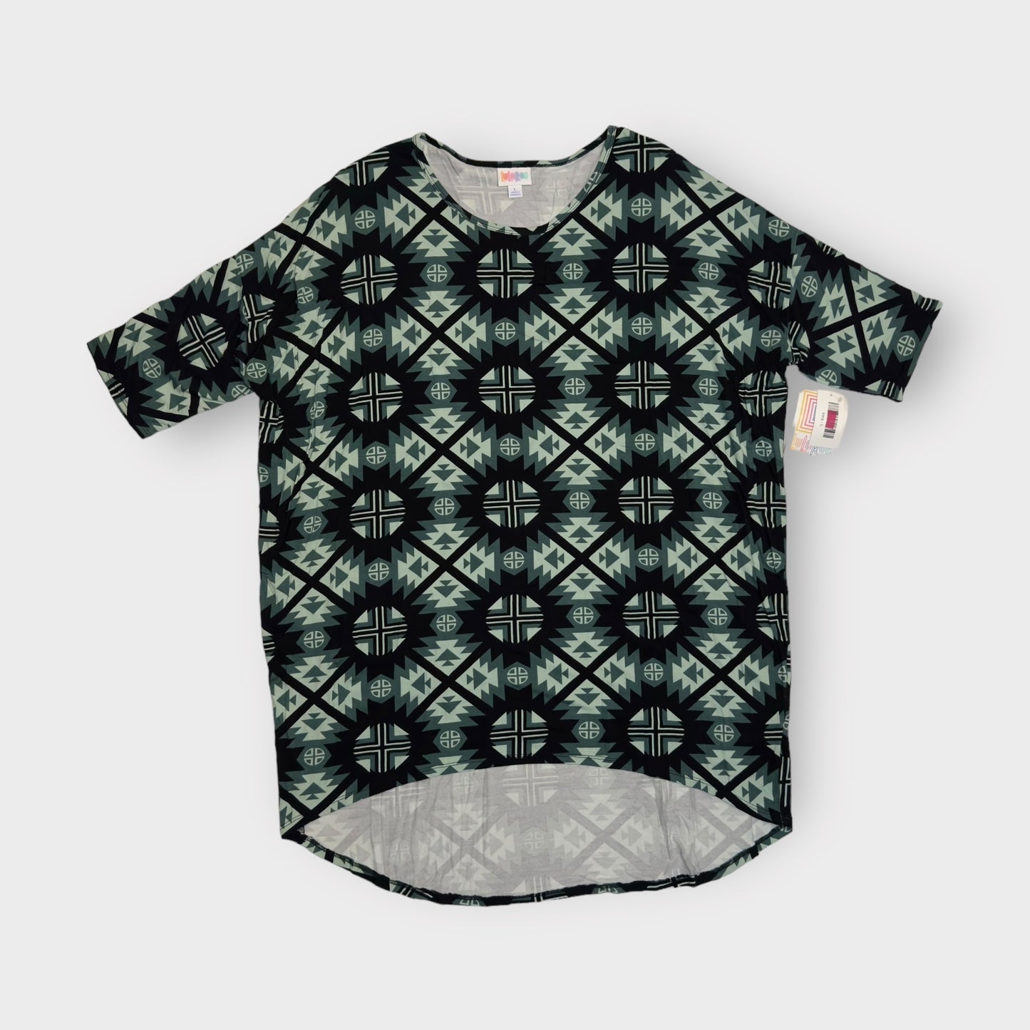 LuLaRoe Irma High-Low S/s Tunic | L (14-16) | Green/Black Aztec | NWT