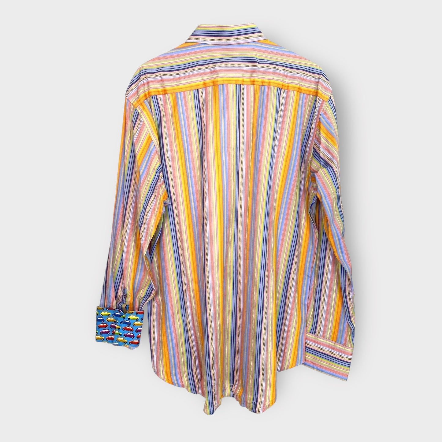 Robert Graham Mens Dress Shirt | Size L | Multi-Color Stripes w/Cars Stripe French Cuff | Excellent Condition