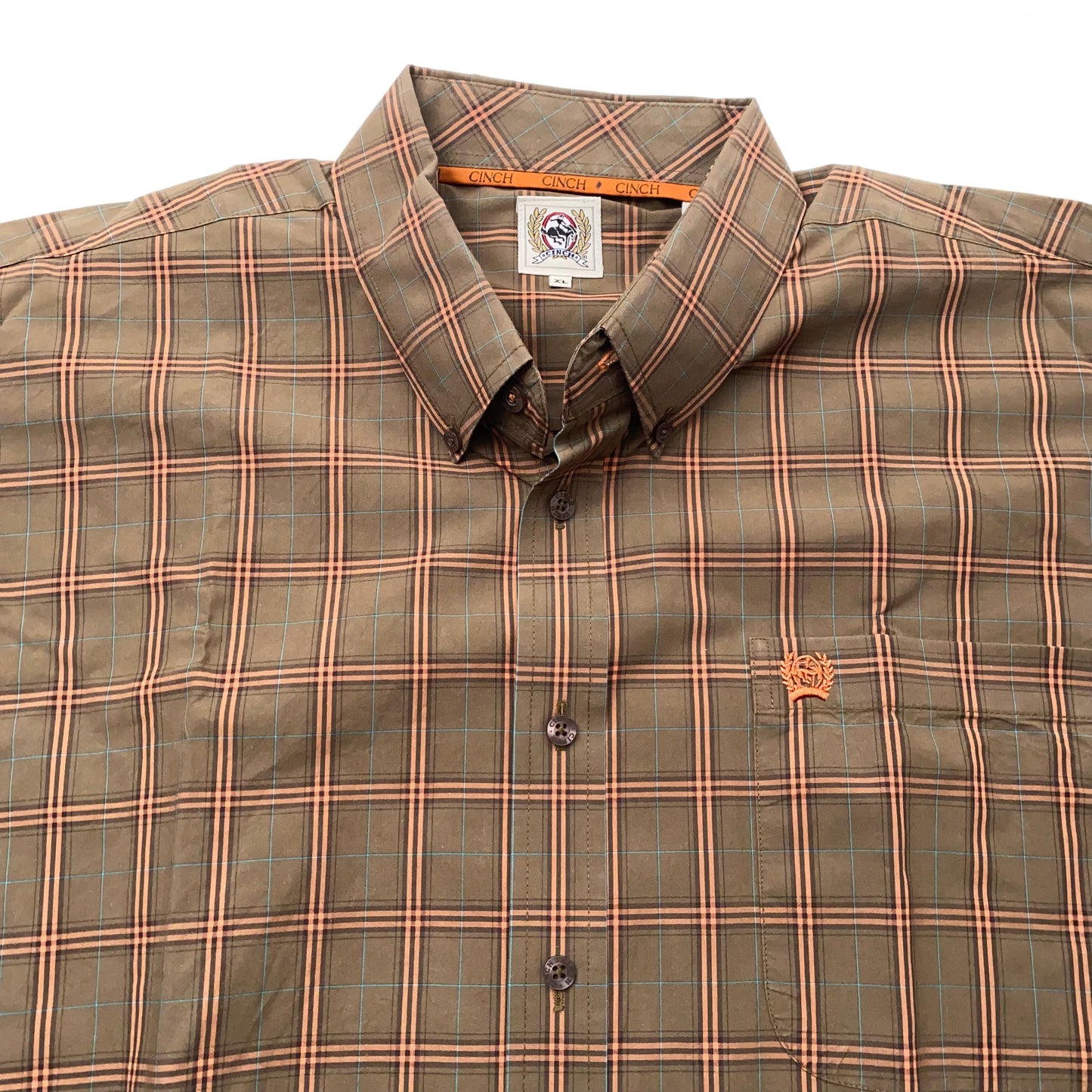 Cinch Men's Modern Fit Brown Plaid Button-Up Dress Shirt - Long Sleeve - Size XL - Pre-Owned