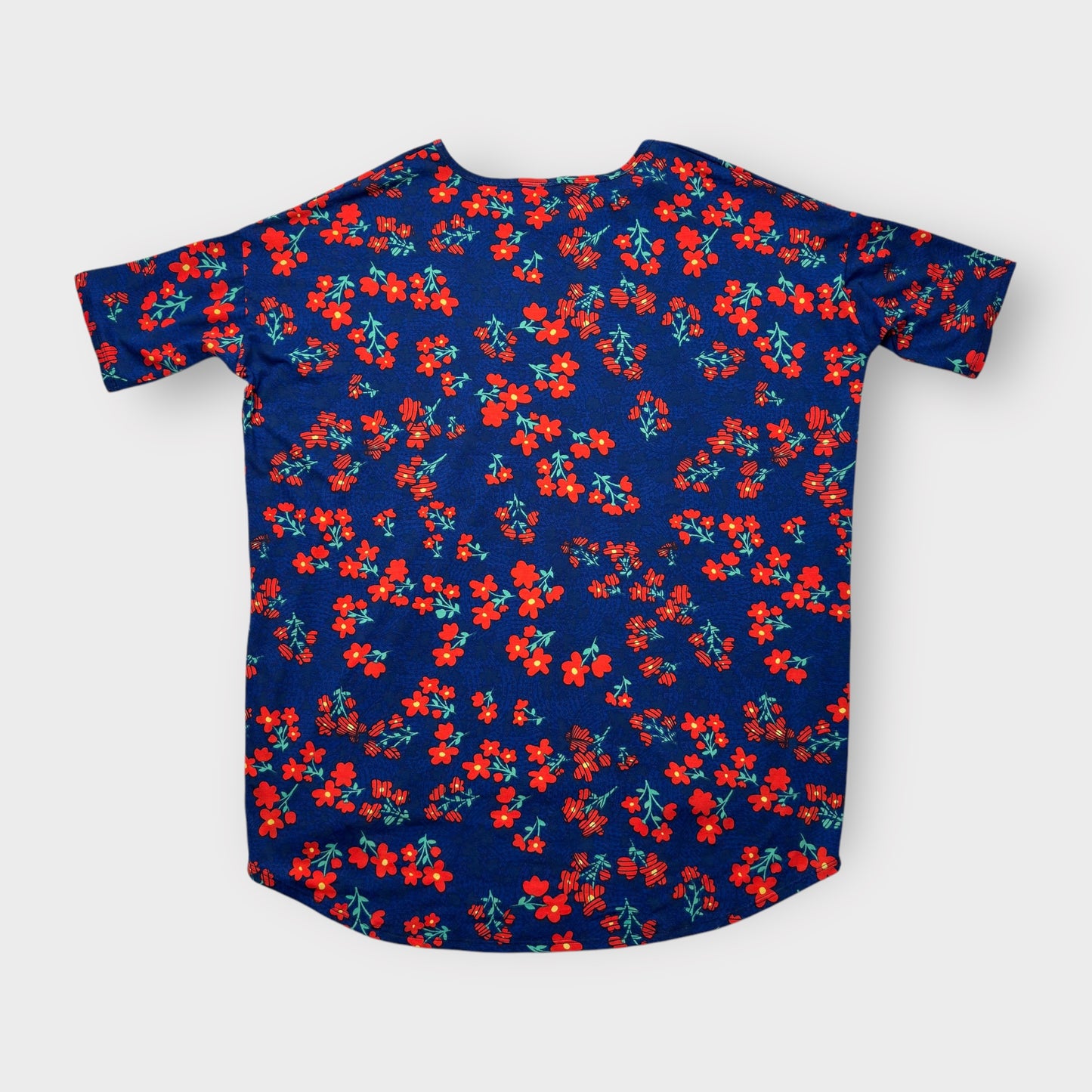 LuLaRoe Irma Tunic Top - Bright Floral Print - Women's XL (16-18) - High-Low Hem - Navy/Red/Orange