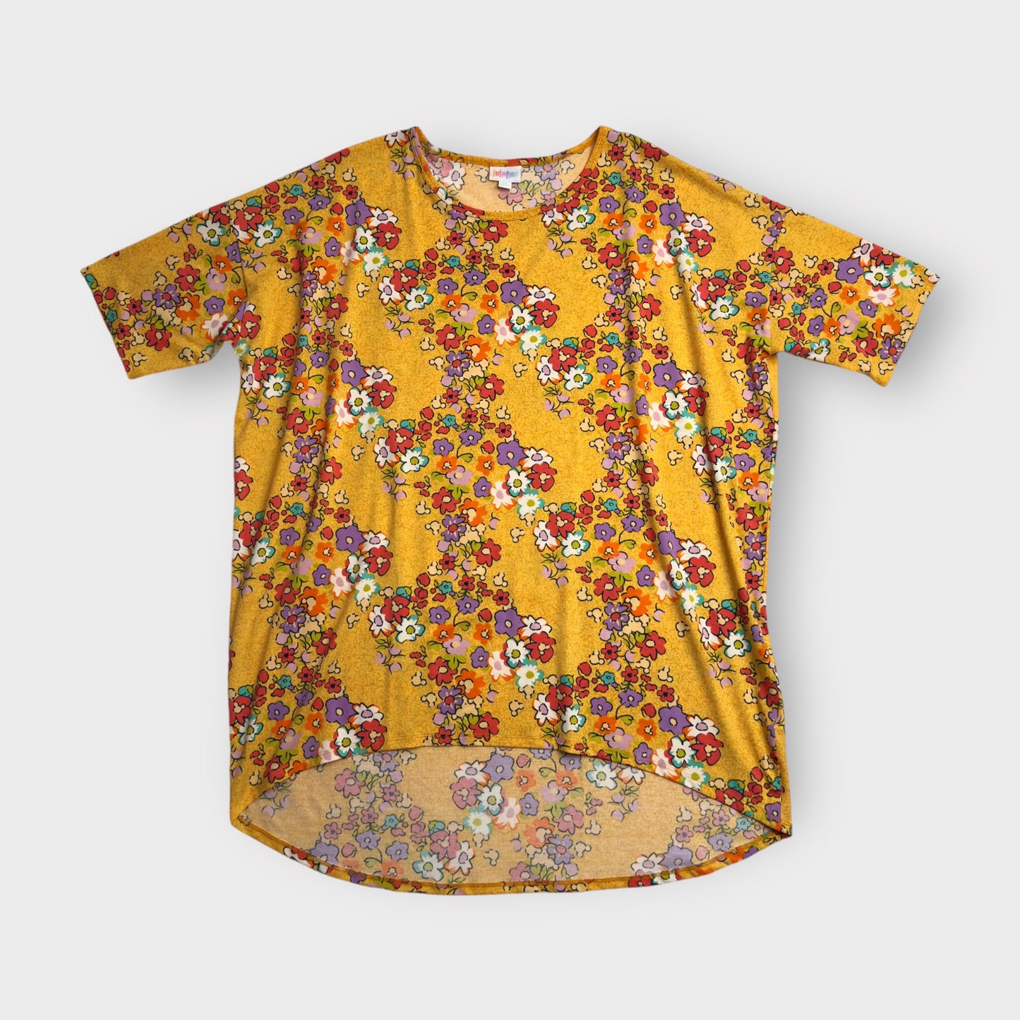 LuLaRoe Disney Irma Tunic Top | 2XL (22-24) | Yellow Floral Hidden Mickey | S/s | NWT