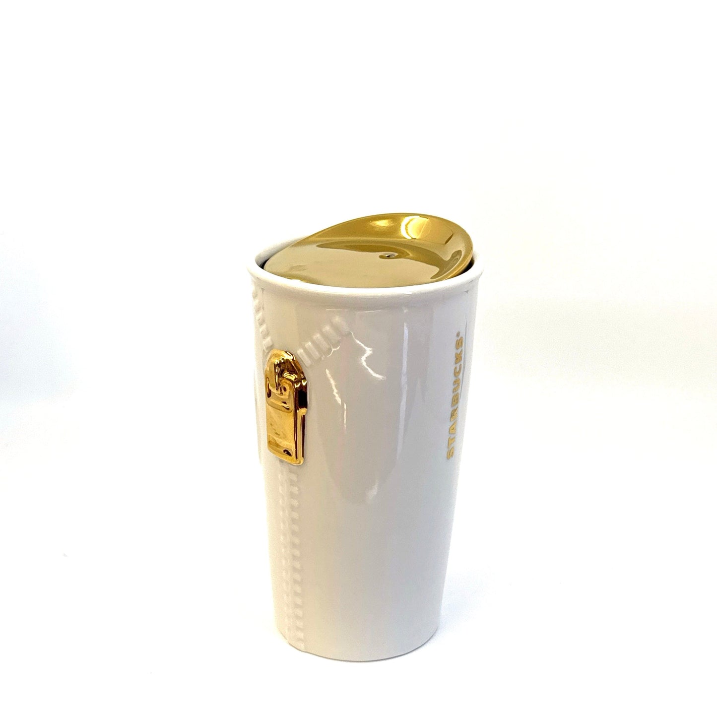 Starbucks | 2015 Ceramic Zipper Mug w/Lid | Color: White/Gold | Size: 12 fl oz | NWT