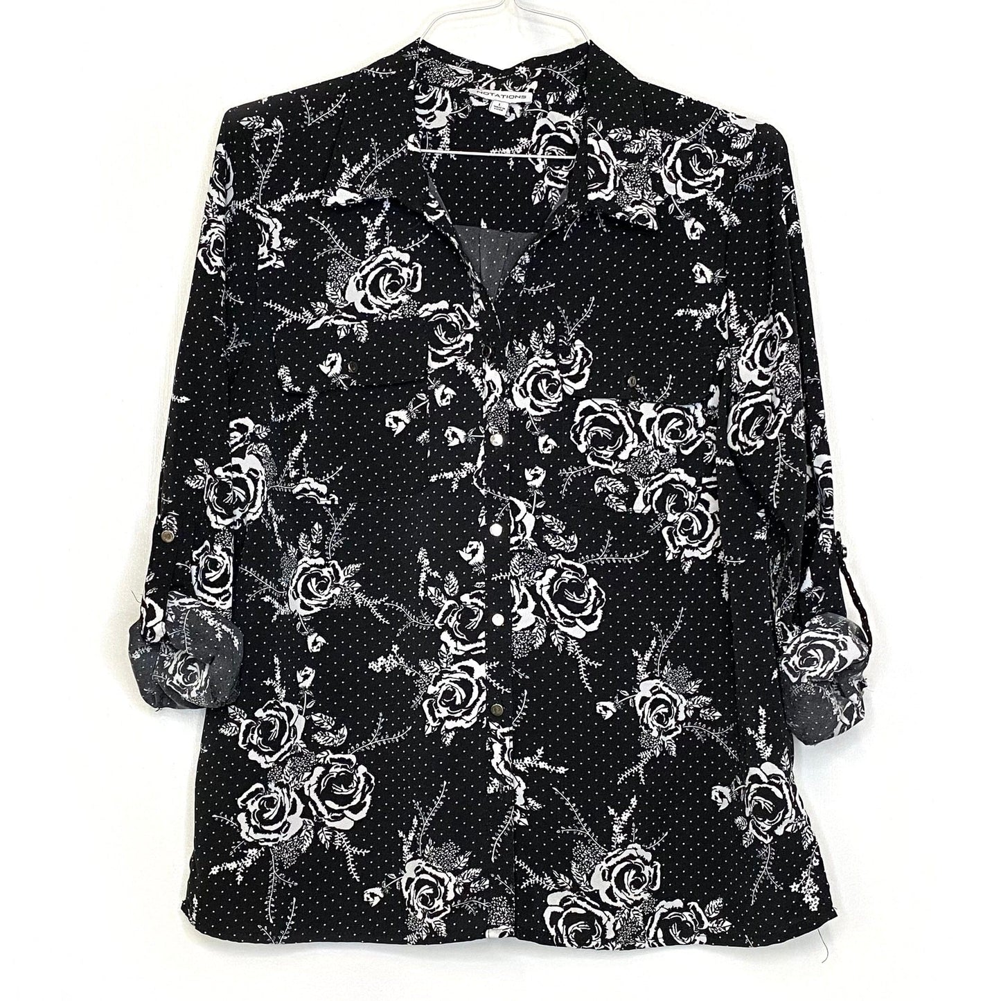 Notations Womens Size L White/Black Pin Dot/Floral Top Pre-Owned