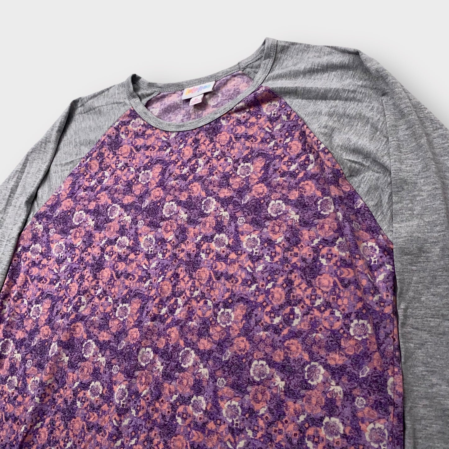 LuLaRoe Randy Baseball Tee - M (8-10) - Purple & Pink Floral Paisley Print - Heather Gray Sleeves