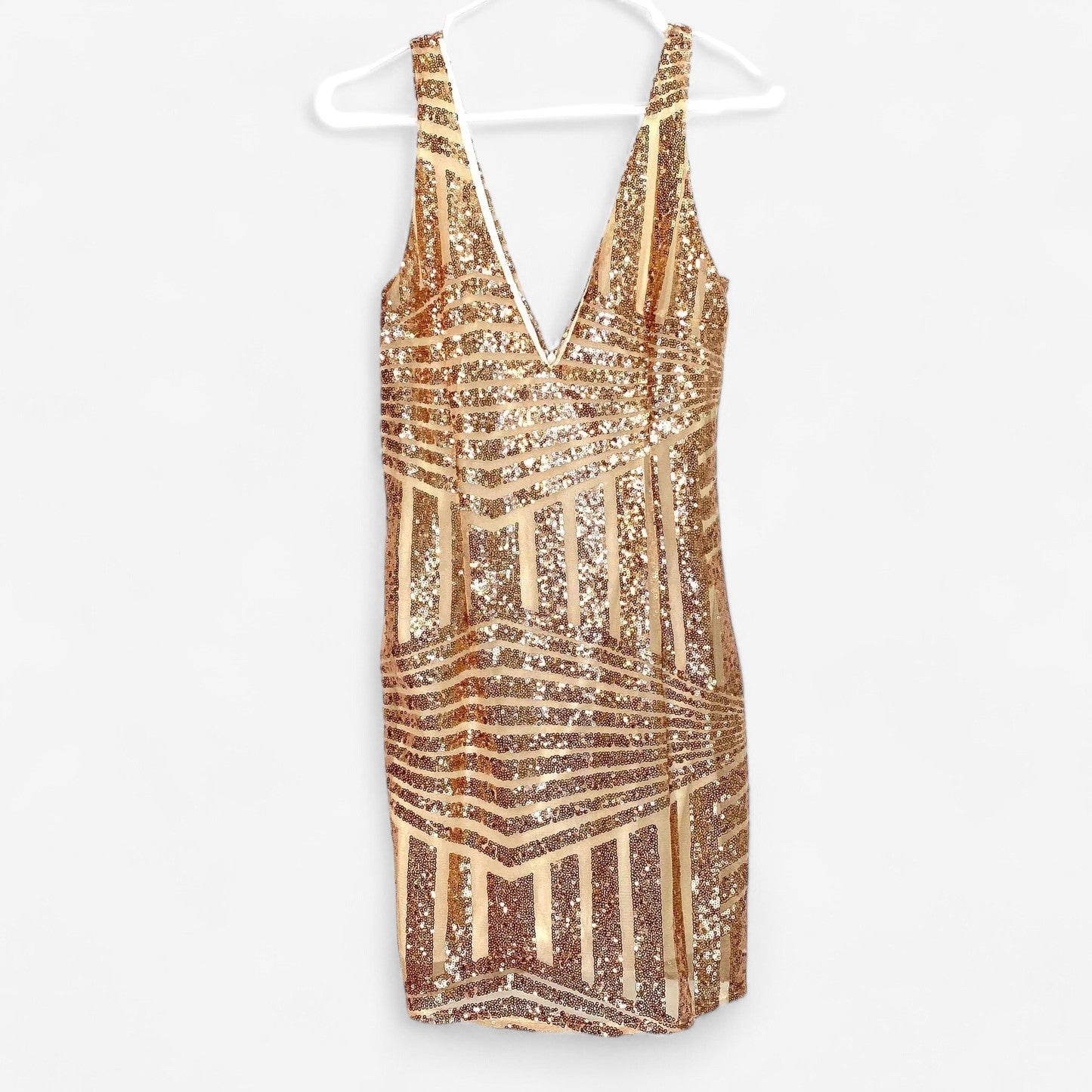 Women's Gold Sequined Sleeveless Mini Dress with Back Zip - Size S - BBX Elephant
