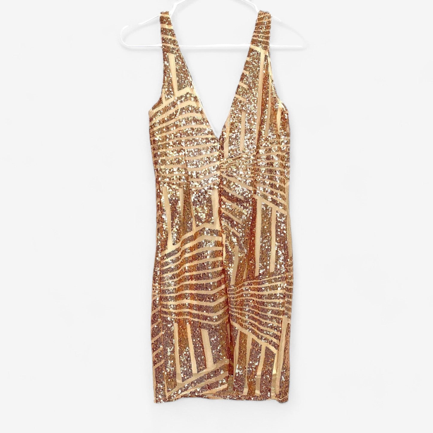 Women's Gold Sequined Sleeveless Mini Dress with Back Zip - Size S - BBX Elephant