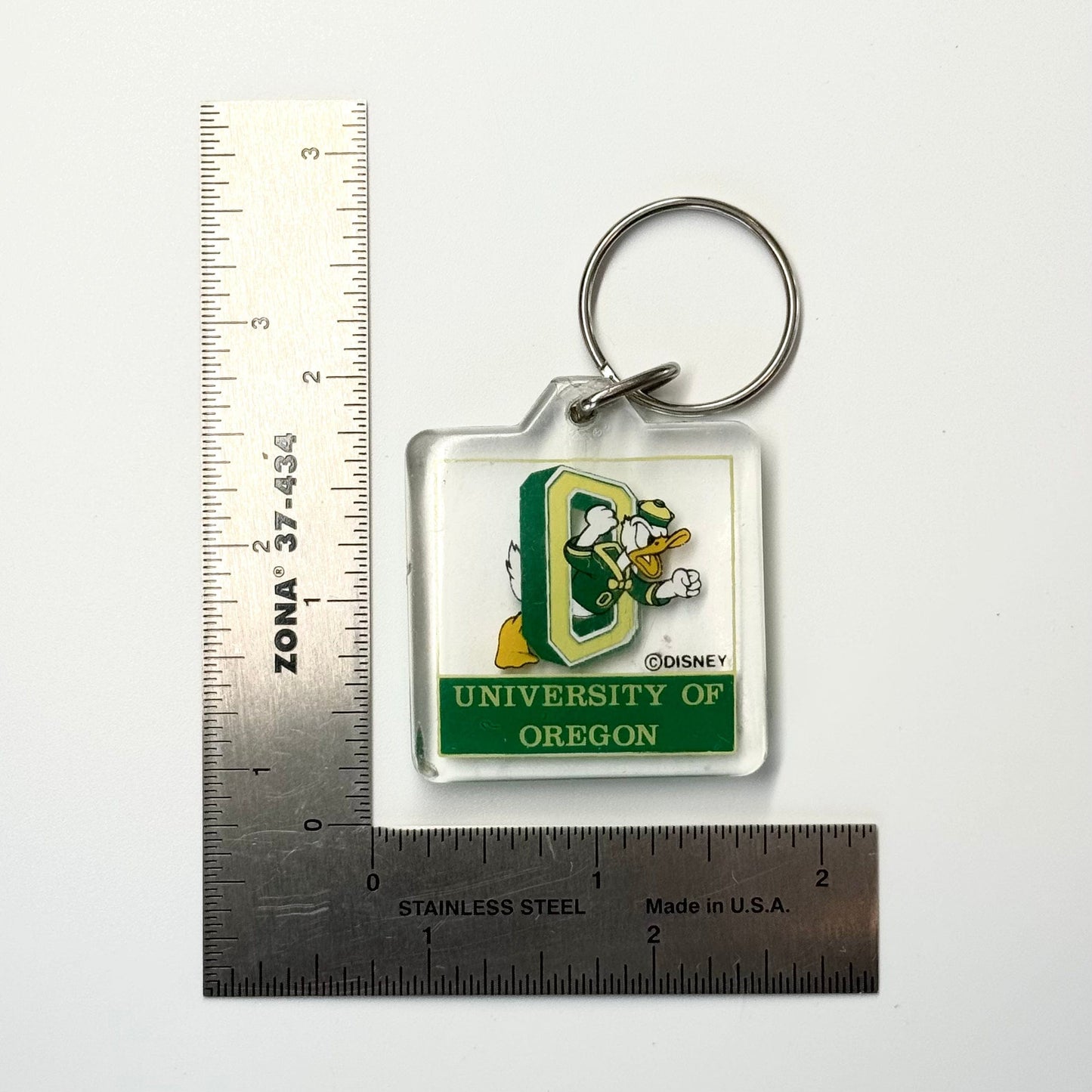 Vintage ‘University of Oregon Donald Duck EUGENE’ Souvenir Keychain Key Ring Square Clear Acrylic