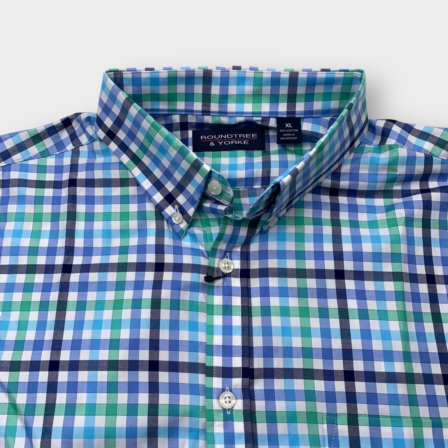 Roundtree & Yorke Men's Green & Blue Plaid Long Sleeve Button-Down Dress Shirt - Size XL - Pre-Owned