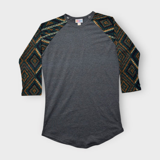 LuLaRoe Randy Raglan Tee XXS (00) - Charcoal Gray with Green/Gold/Black Aztec Geometric Sleeves - Soft Stretch Fabric