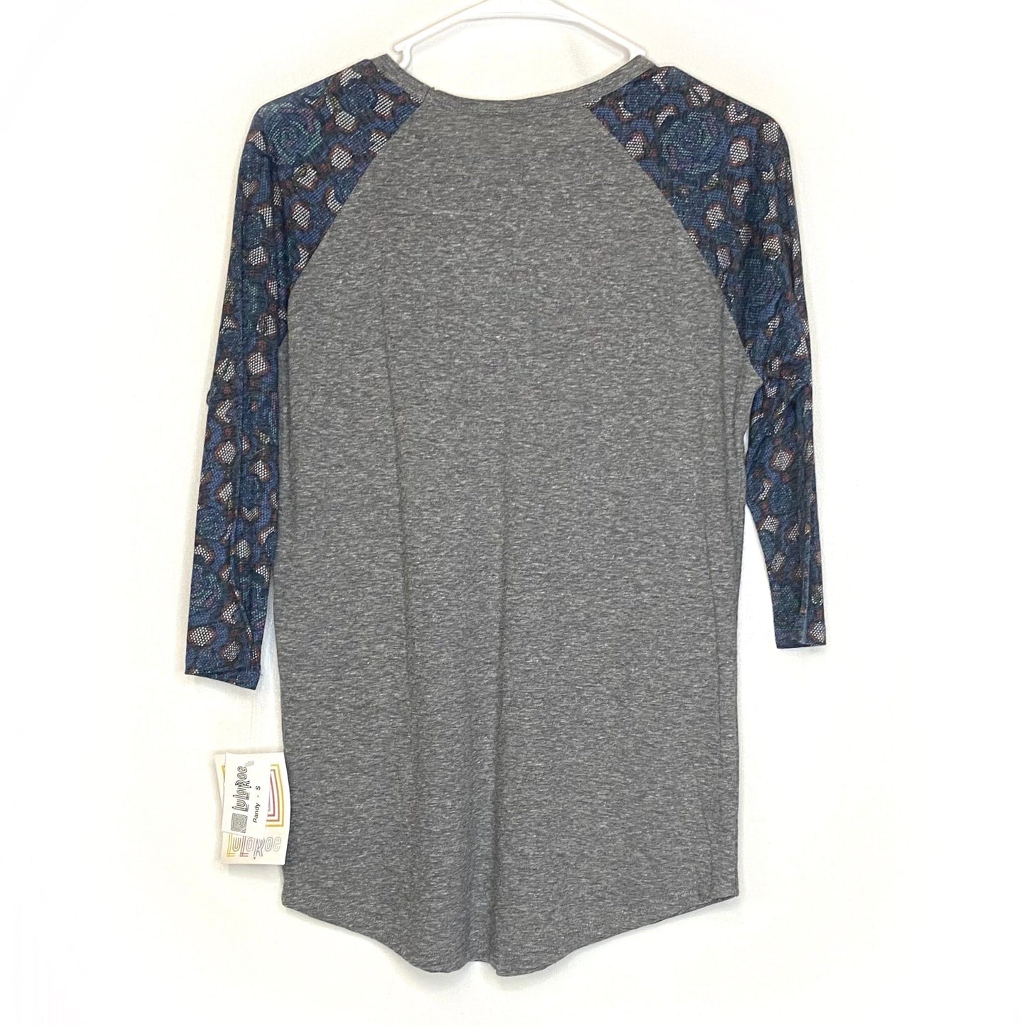 LuLaRoe Unisex S Gray/Blue Randy Digital/Floral Raglan Top ¾ Sleeves NWT