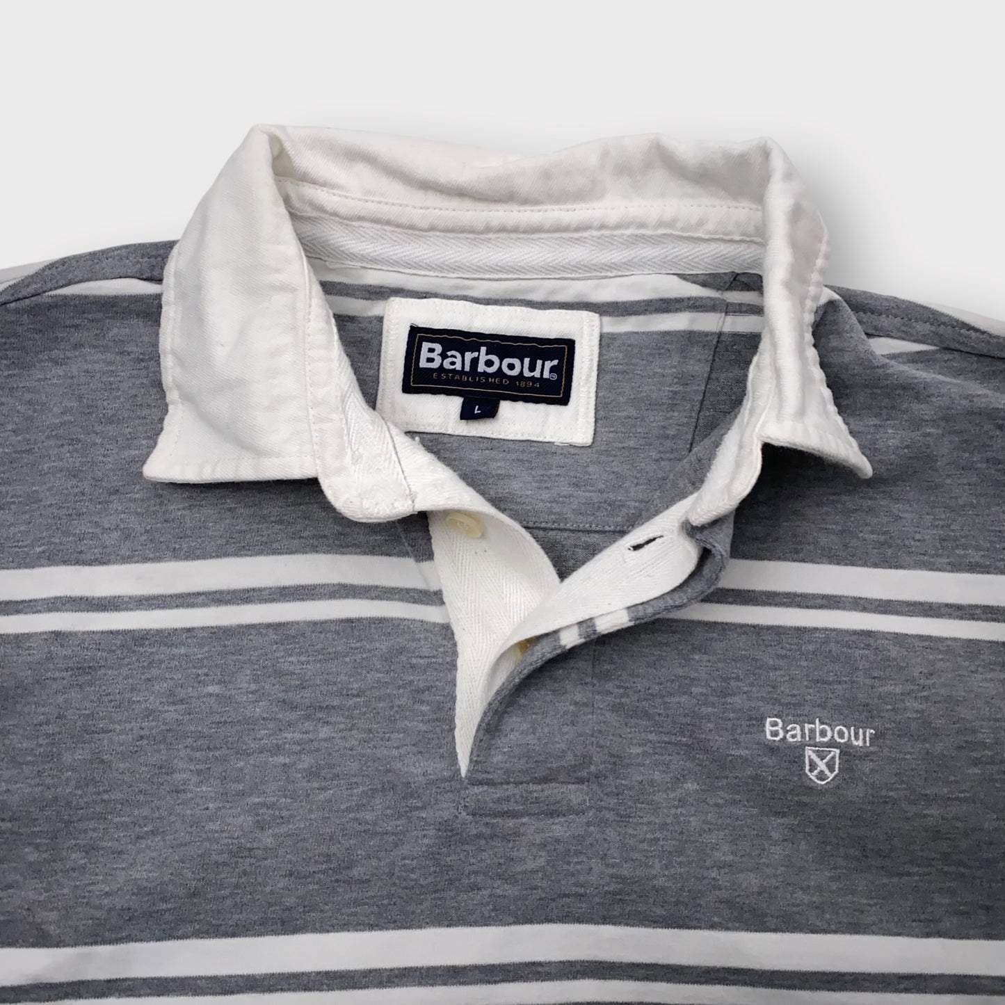 Barbour Men's Gray & White Striped 100% Cotton Short Sleeve Polo Golf Shirt - Size M - Pre-Owned