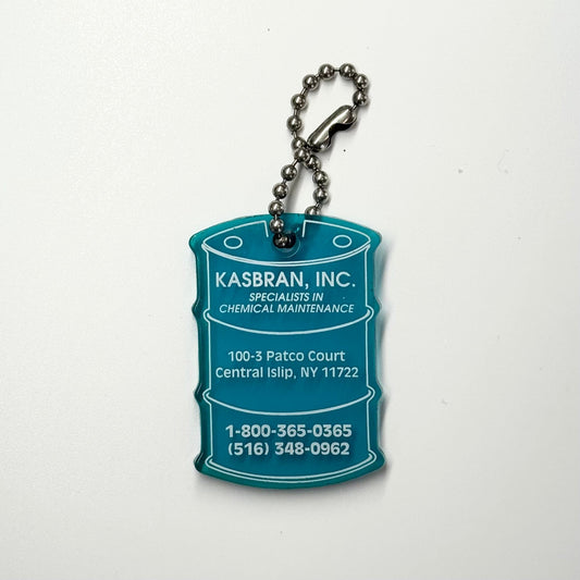 Central Islip, NY ‘Kasbran Chemical’ Keychain Key Ring Rubber Barrel Blue, Pre-Owned