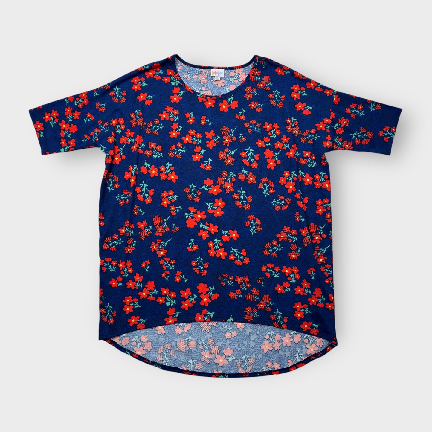 LuLaRoe Irma Tunic Top - Bright Floral Print - Women's XL (16-18) - High-Low Hem - Navy/Red/Orange