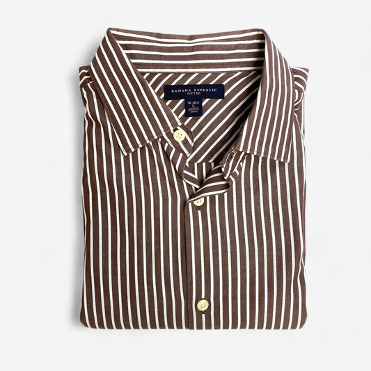 Banana Republic Men's Fitted Brown & White Striped French Cuff Dress Shirt - Size L