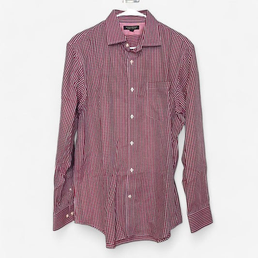 Banana Republic Men's Red and White Plaid Classic Fit Long Sleeve Dress Shirt - Size L
