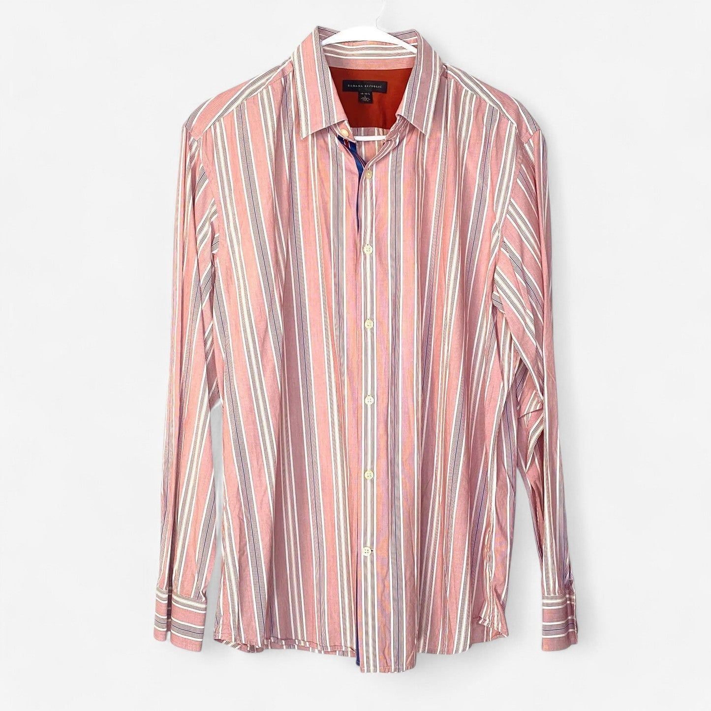 Banana Republic Men's Red and White Striped Dress Shirt - Button-Up - Long Sleeve - Size Large