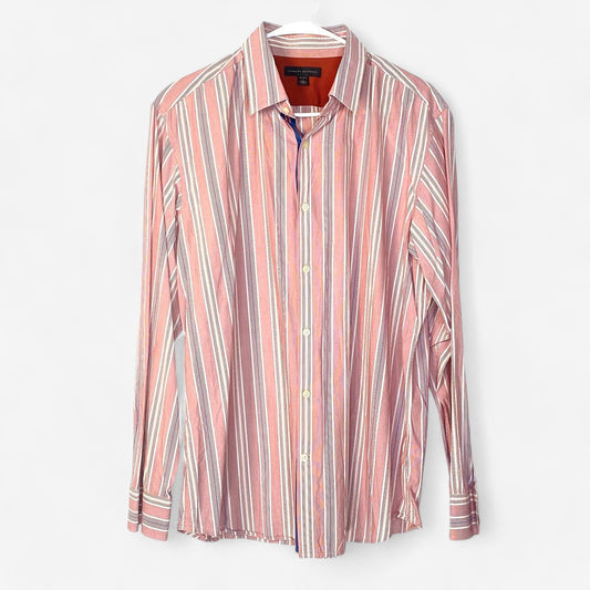 Banana Republic Men's Red and White Striped Dress Shirt - Button-Up - Long Sleeve - Size Large