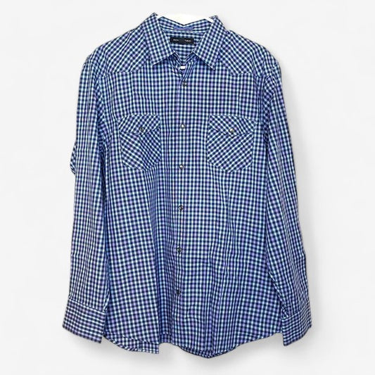Banana Republic Men's Blue and Purple Box Check Long Sleeve Western Shirt - Size L
