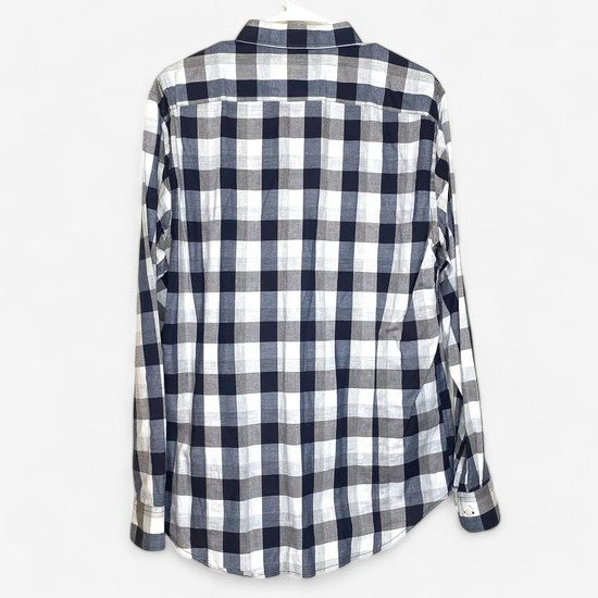 Banana Republic Men's Blue and White Plaid Tailored Slim Fit Long Sleeve Dress Shirt - Size M