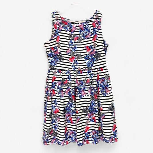 Women's Striped Floral Print Sleeveless Fit & Flare Tea-Length Dress - Size L - Beige by ECI