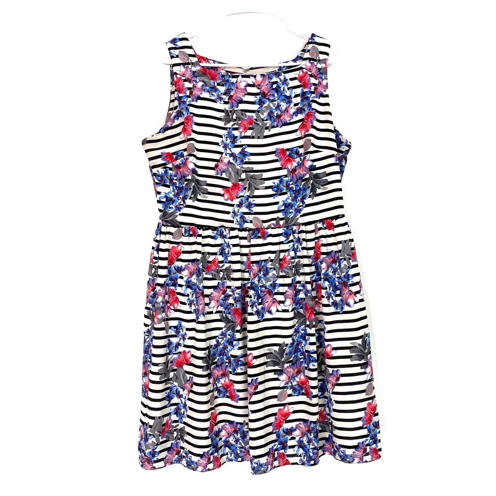 Beige By ECI Womens Size L Striped Floral Dress Print Sleeveless Fit Parsimony Shoppes