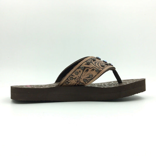 Blazin Roxx Women Size 6 ‘Montana’ Brown Tooled Leather Flip Flops Thongs #4119602 -  | Buy at Parsimony Shoppes
