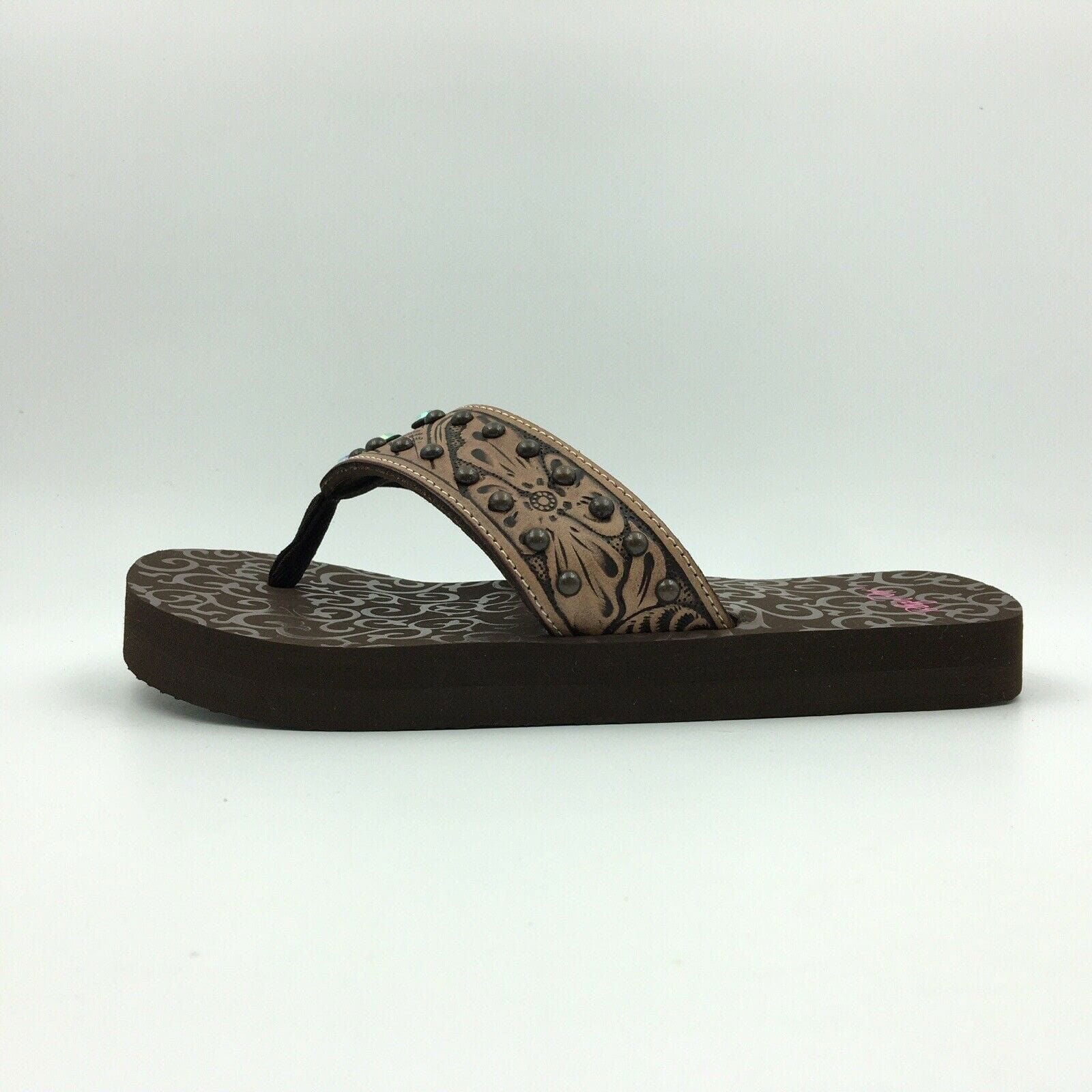 Blazin Roxx Women Size 6 ‘Montana’ Brown Tooled Leather Flip Flops Thongs #4119602 -  | Buy at Parsimony Shoppes