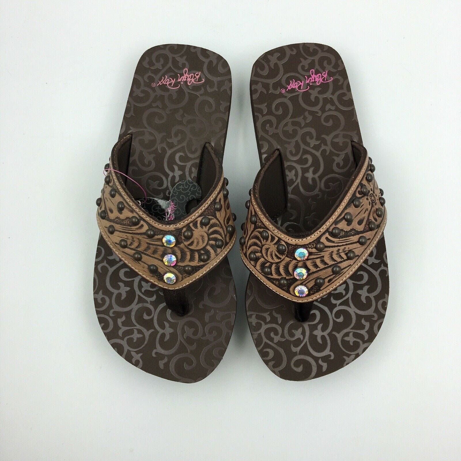 Blazin Roxx Women Size 6 ‘Montana’ Brown Tooled Leather Flip Flops Thongs #4119602 -  | Buy at Parsimony Shoppes