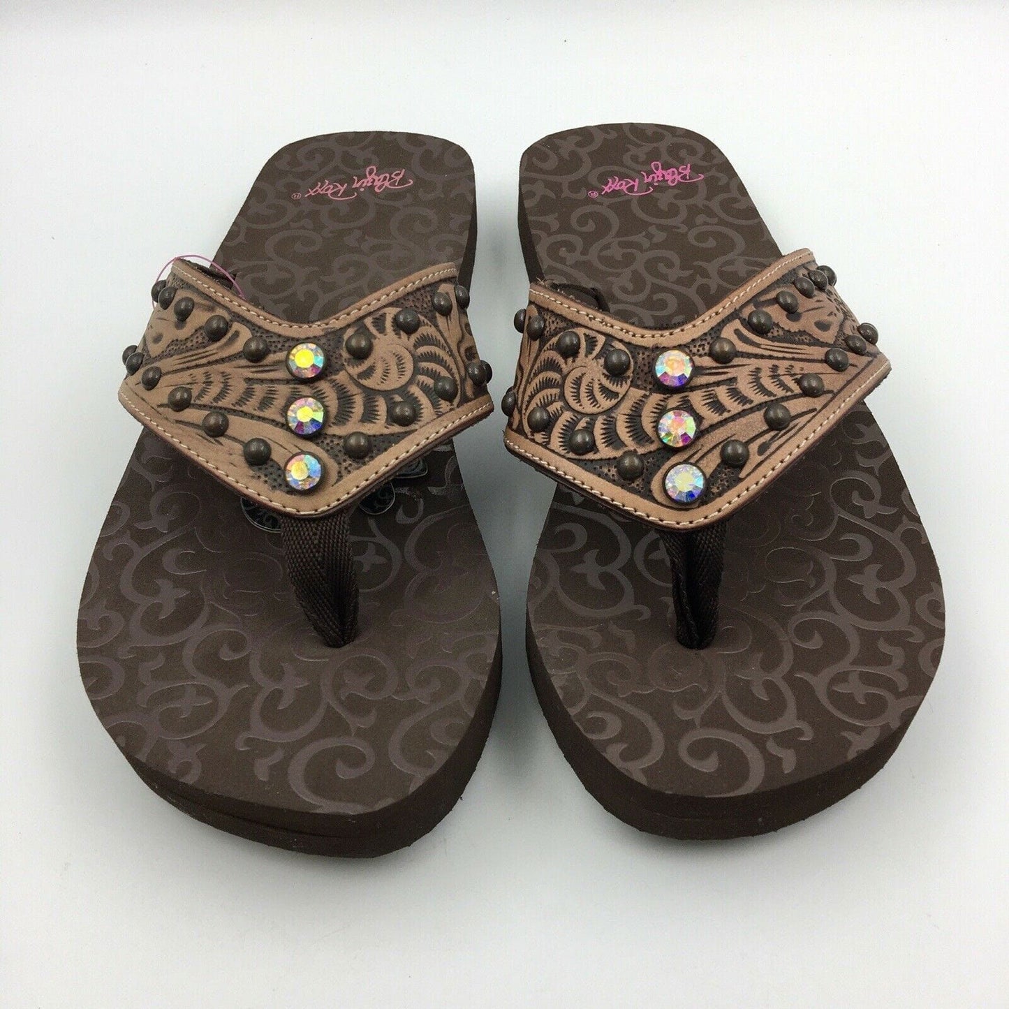 Blazin Roxx Women Size 6 ‘Montana’ Brown Tooled Leather Flip Flops Thongs #4119602 -  | Buy at Parsimony Shoppes
