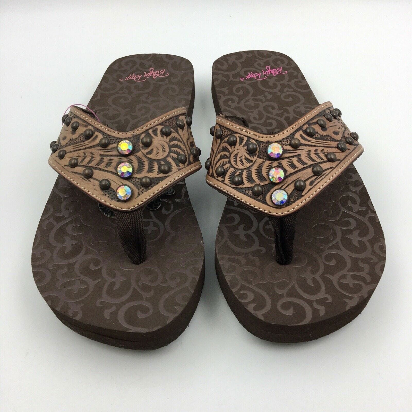 Blazin Roxx Women Size 6 ‘Montana’ Brown Tooled Leather Flip Flops Thongs #4119602 -  | Buy at Parsimony Shoppes