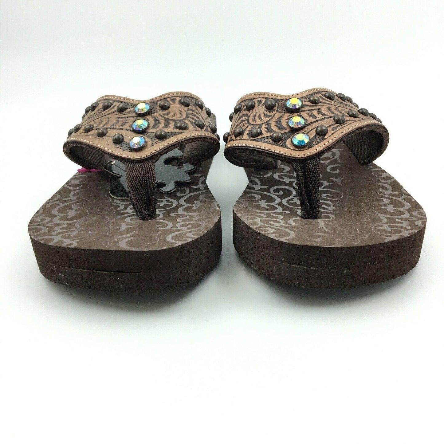 Blazin Roxx Women Size 6 ‘Montana’ Brown Tooled Leather Flip Flops Thongs #4119602 -  | Buy at Parsimony Shoppes
