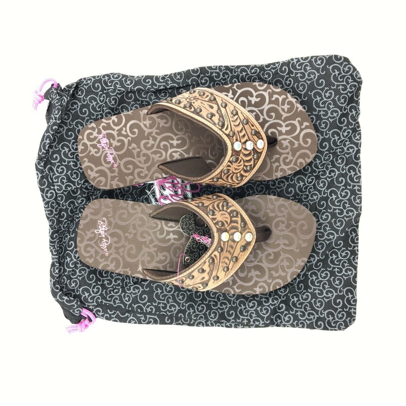 Blazin Roxx Women Size 6 ‘Montana’ Brown Tooled Leather Flip Flops Thongs #4119602 -  | Buy at Parsimony Shoppes