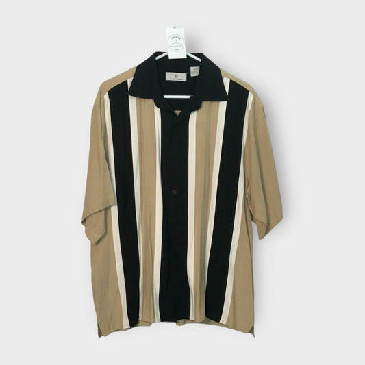Bobby Chan Mens Short Sleeve Button-Up Shirt | Size M | Black/Beige Vertical Stripes | 55% Silk/45% Bamboo -  | Buy at Parsimony Shoppes