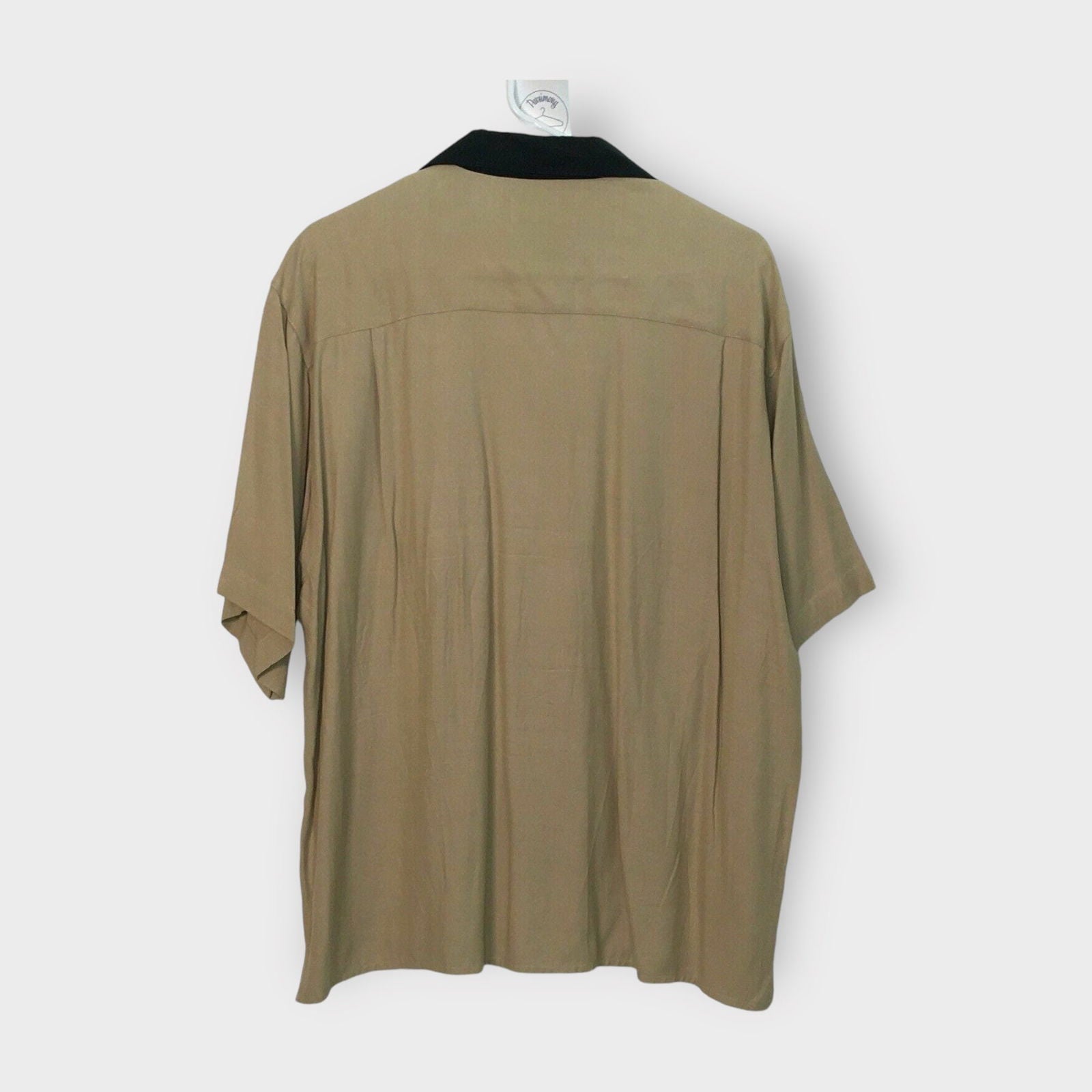 Bobby Chan Mens Short Sleeve Button-Up Shirt | Size M | Black/Beige Vertical Stripes | 55% Silk/45% Bamboo -  | Buy at Parsimony Shoppes