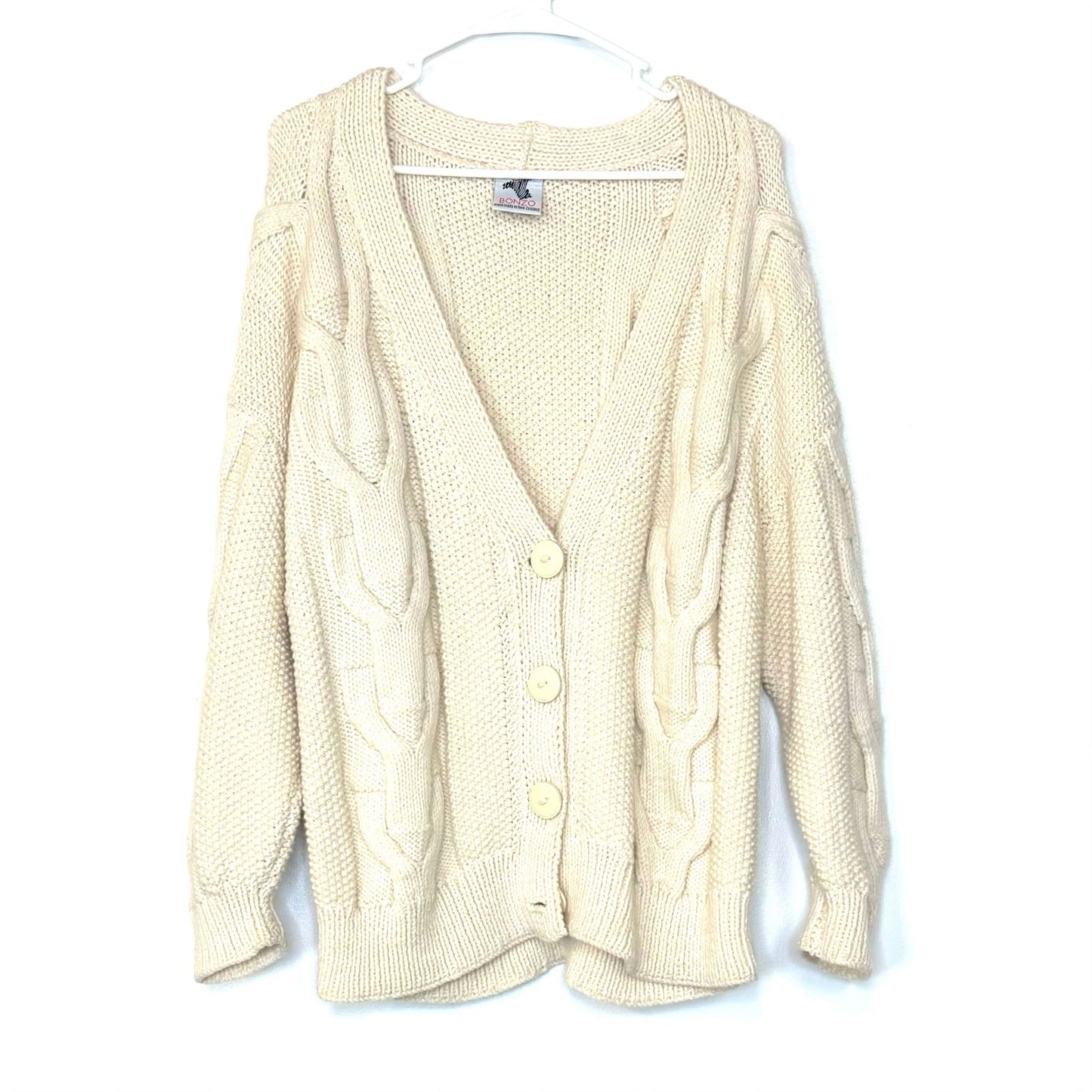 Bonzo | Chunky Cable-Knit Wool Cardigan Sweater | Color: Cream | Size: L | Vintage -  | Buy at Parsimony Shoppes