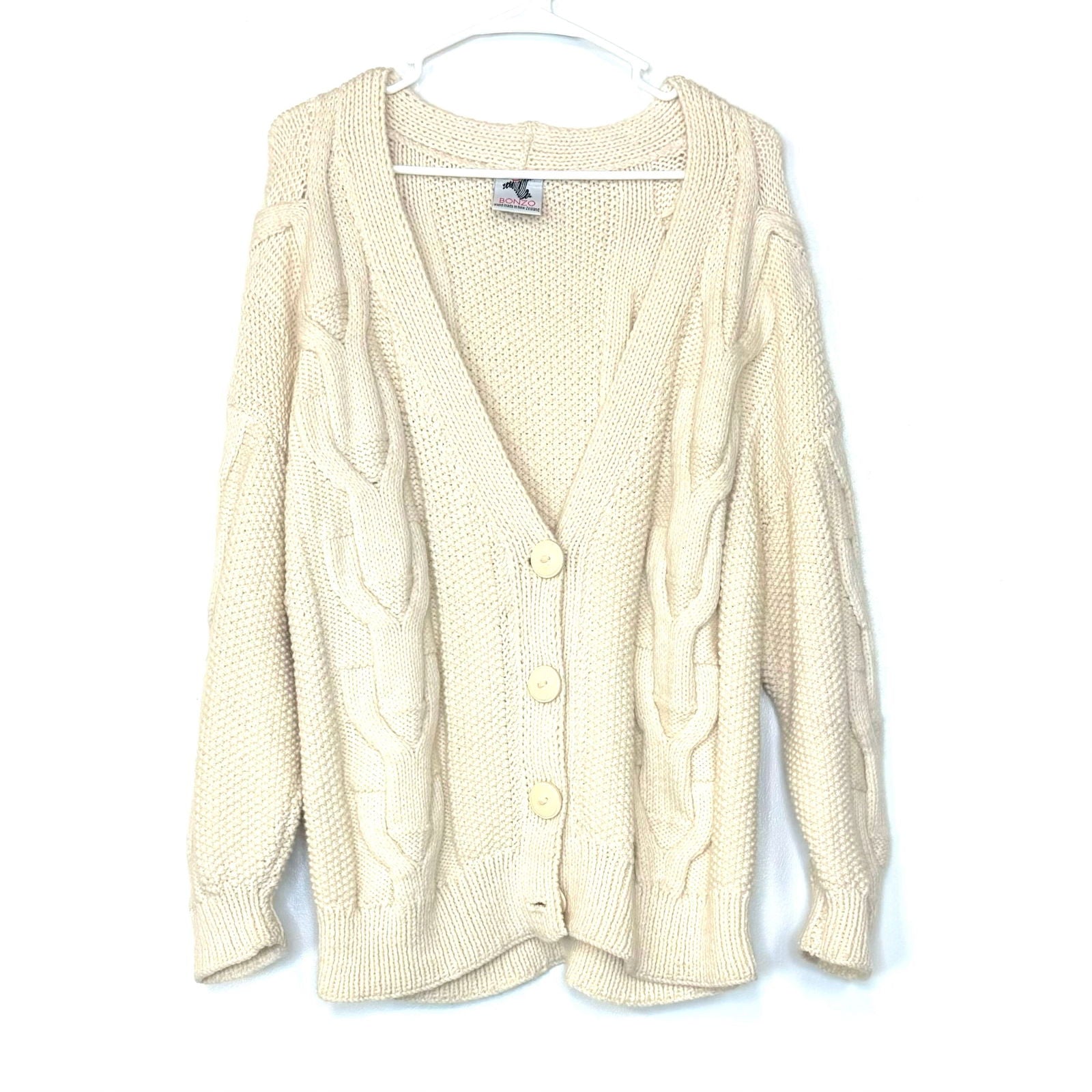 Bonzo | Chunky Cable-Knit Wool Cardigan Sweater | Color: Cream | Size: L | Vintage -  | Buy at Parsimony Shoppes