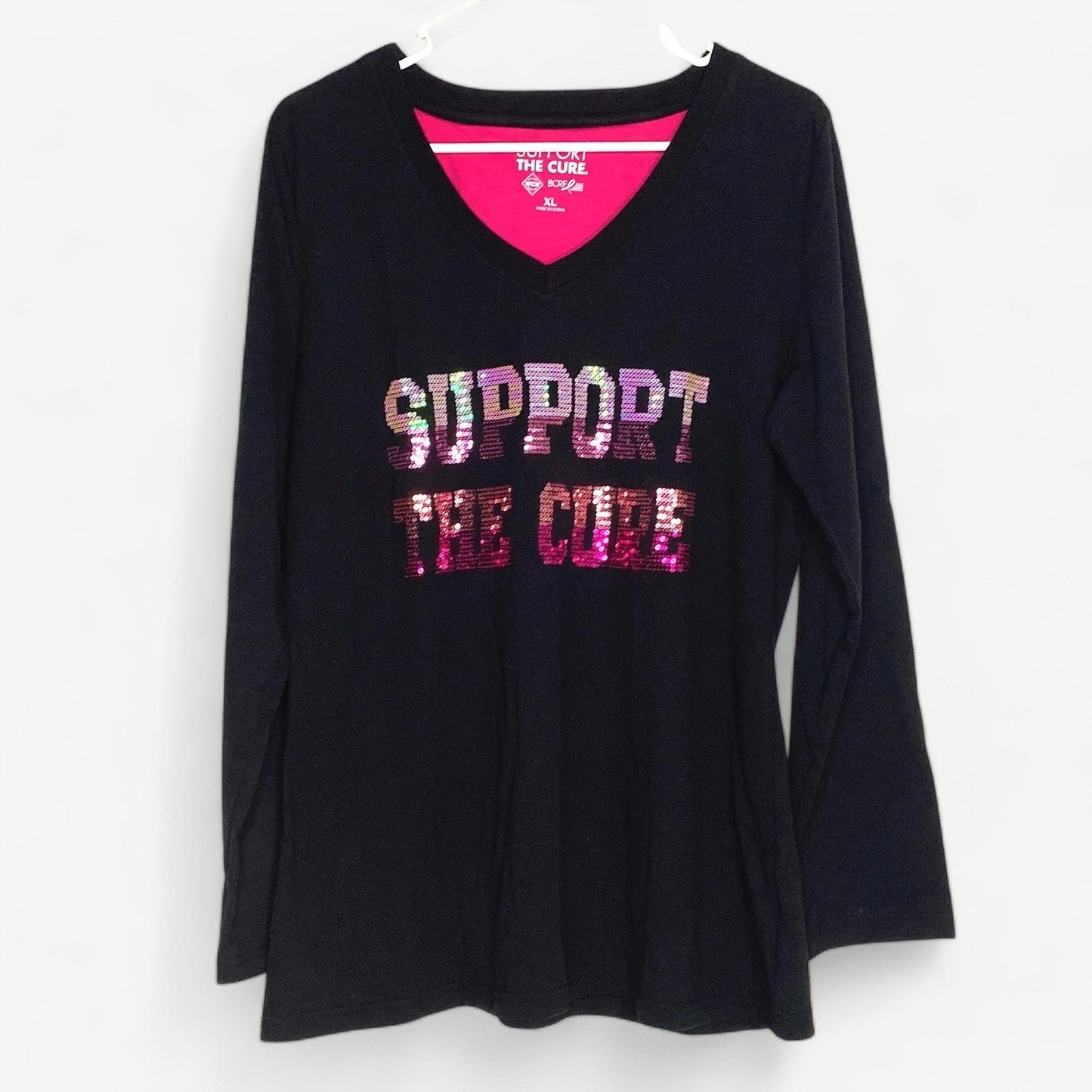 Breast Cancer Awareness Women's Long Sleeve V-Neck T-Shirt - Support the Cure - Black XL