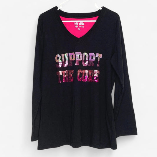 Breast Cancer Awareness Women's Long Sleeve V-Neck T-Shirt - Support the Cure - Black XL