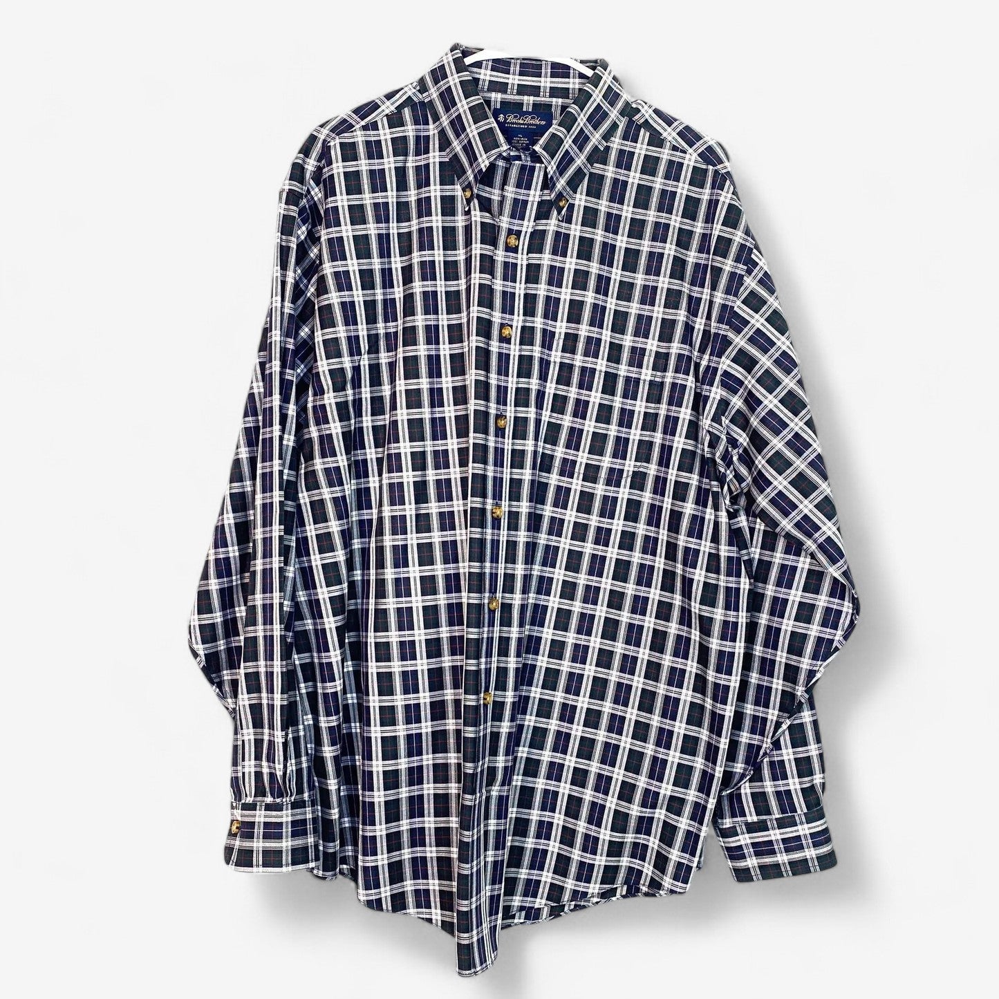 Brooks Brothers Men's Green and White Plaid Long Sleeve Dress Shirt - Size XL