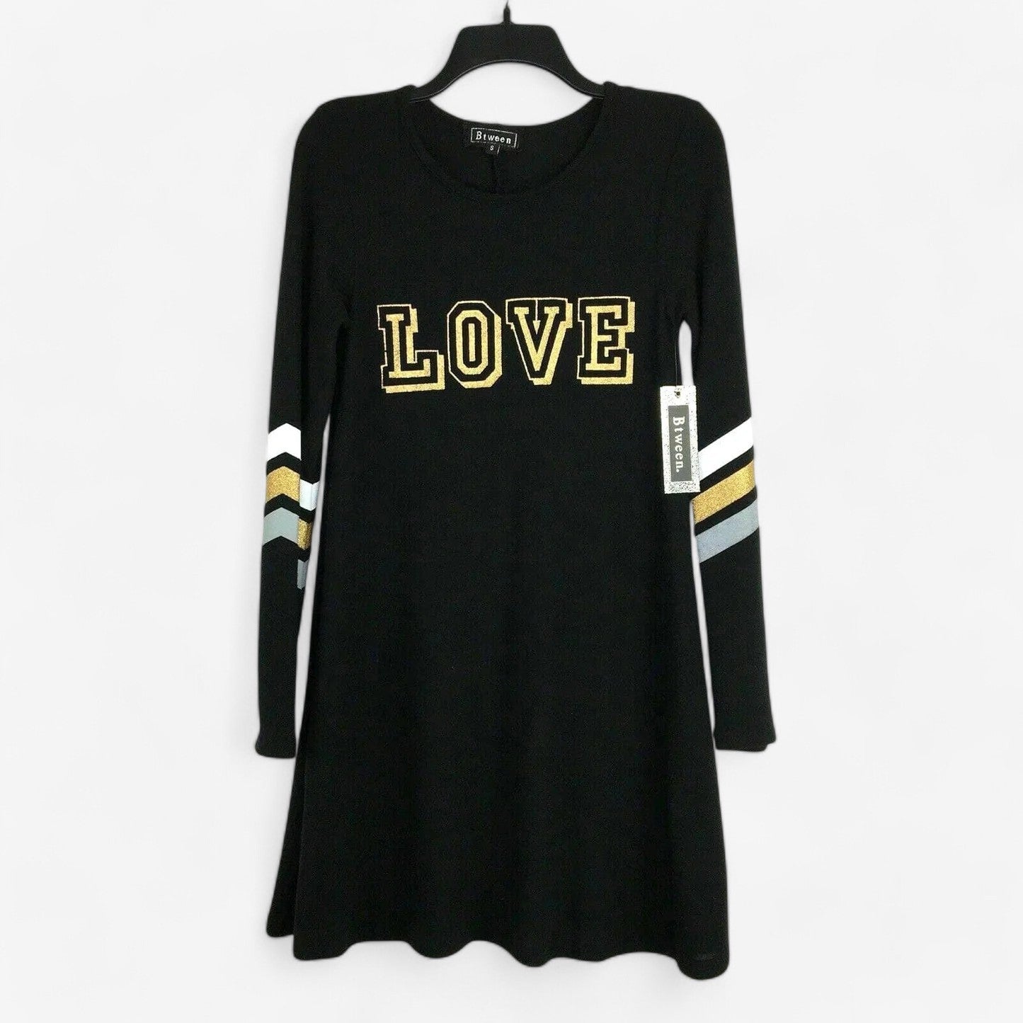 Btween Womens Juniors Size Small Black Sweater Dress Glitter “Love” & Stripes