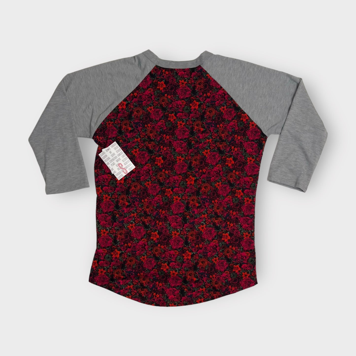 LuLaRoe Randy Unisex Raglan Tee | S | Red/Gray Floral/Colorblock | NWT