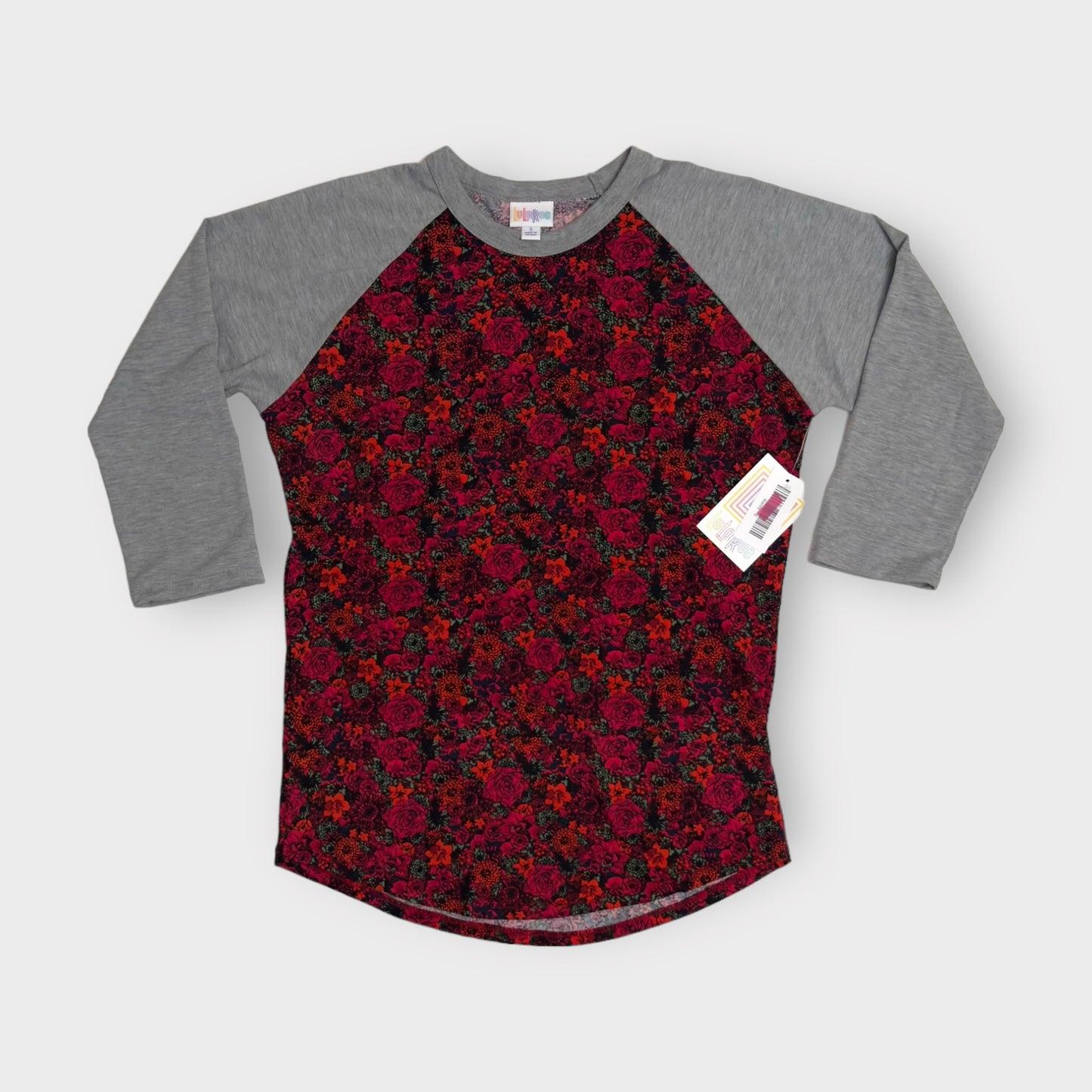 LuLaRoe Randy Unisex Raglan Tee | S | Red/Gray Floral/Colorblock | NWT